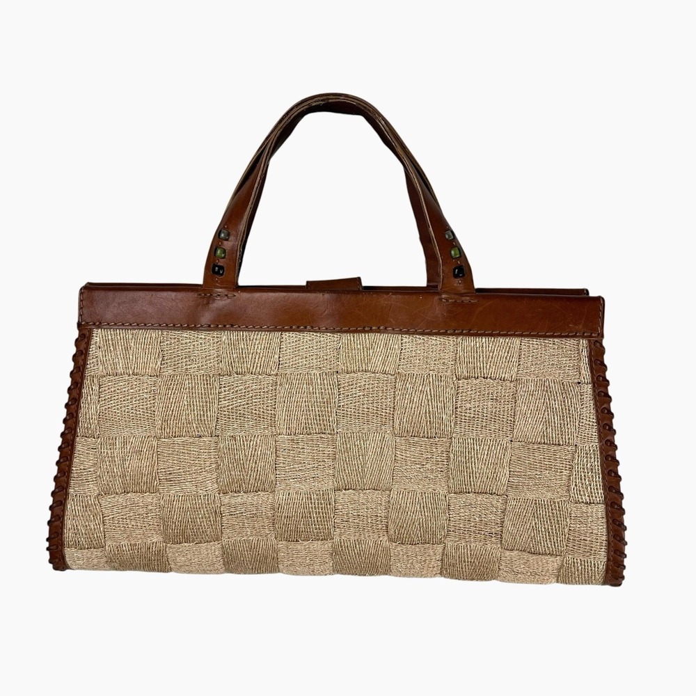 Vintage Donna Dixon Straw Leather Top Handle Bag Clutch Wicker Beige Brown